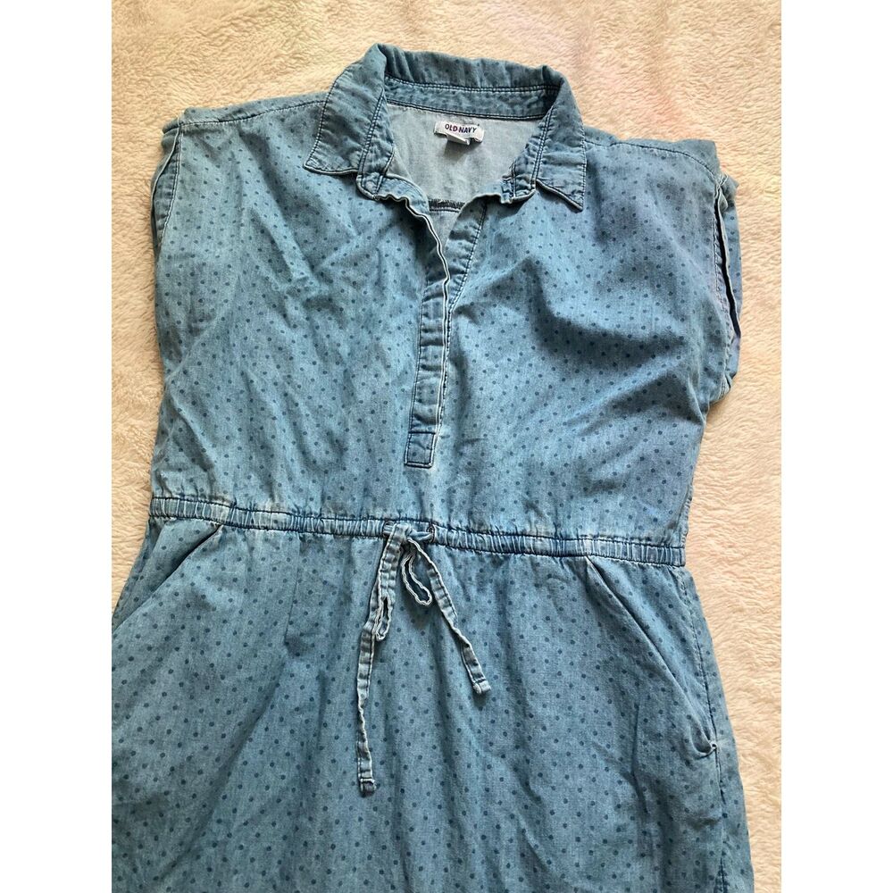 Old Navy 2010s Light Wash Denim Polka Dot Shirt Dress Drawstring Waist Pockets